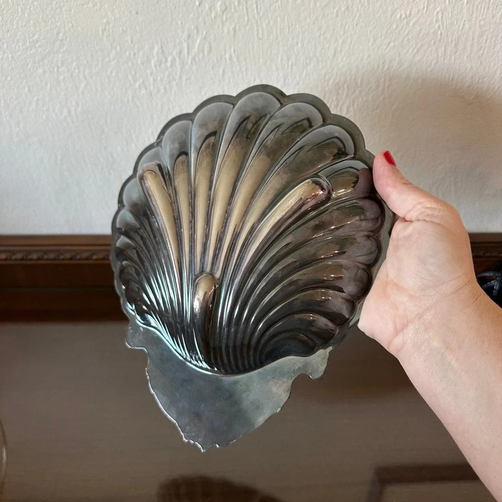 Vintage Silver Plated Clam Shell Dish Scalloped Coastal Catchall Tray 10 Inch